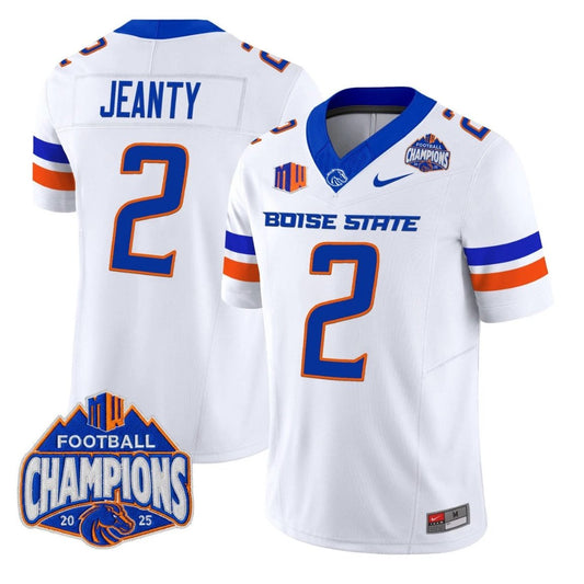 Ashton Jeanty Jersey #2 Boise State Broncos 2025 Mountain West Champions White by NCAA Football Jersey