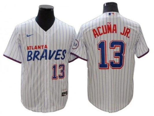 Atlanta Braves #13 Ronald Acuna Jr. White Pinstripe Cool Base Jersey by My Store