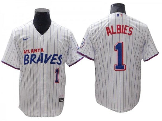 Atlanta Braves #1 Ozzie Albies White Pinstripe Cool Base Jersey by My Store