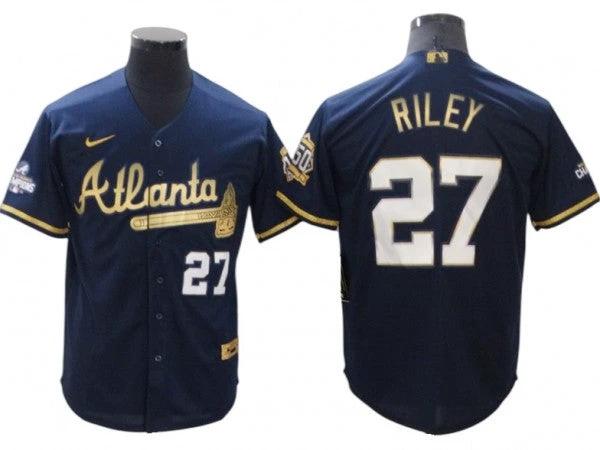 Atlanta Braves #27 Austin Riley Navy Golden Cool Base Jersey by My Store