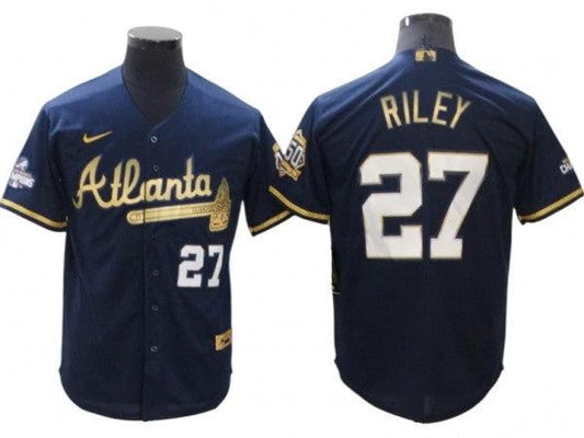 Atlanta Braves #27 Austin Riley Navy Golden Cool Base Jersey by My Store