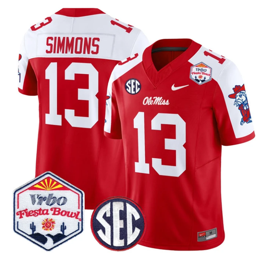 Austin Simmons Jersey #13 Ole Miss Rebels 2026 Fiesta Bow Stitched Red Alternate by NCAA Football Jersey