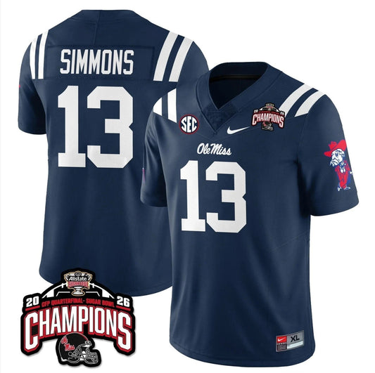 Austin Simmons Jersey #13 Ole Miss Sugar Bowl Champions Patch Stitched Navy by NCAA Football Jersey