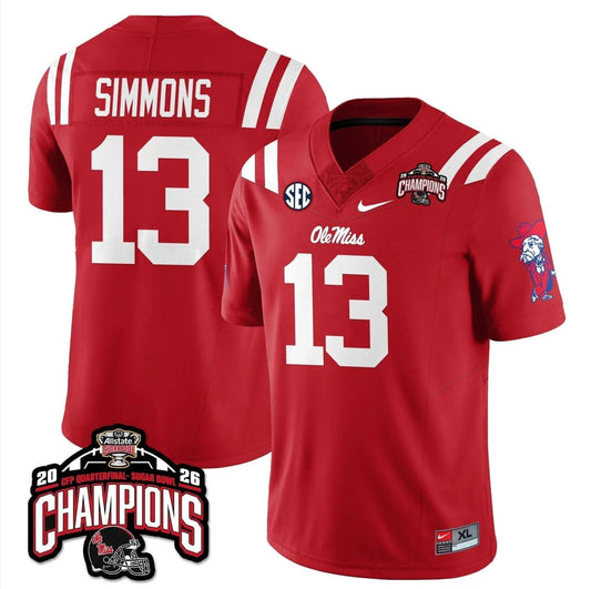Austin Simmons Jersey #13 Ole Miss Sugar Bowl Champions Patch Stitched Red by NCAA Football Jersey
