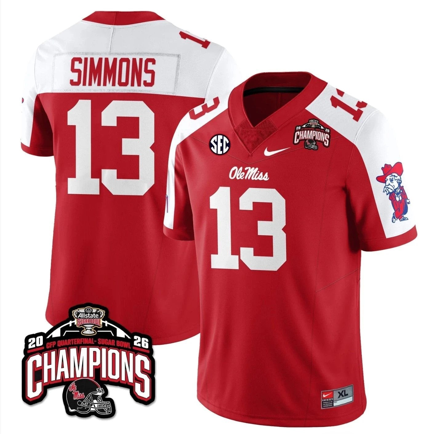 Austin Simmons Jersey #13 Ole Miss Sugar Bowl Champions Patch Stitched Red Alternate by NCAA Football Jersey