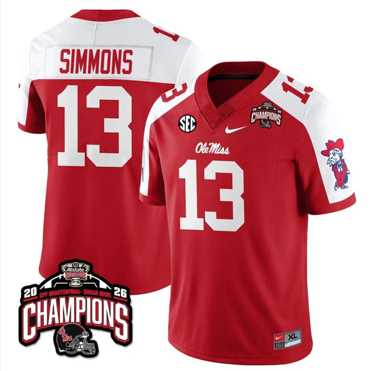 Austin Simmons Jersey #13 Ole Miss Sugar Bowl Champions Patch Stitched Red Alternate by NCAA Football Jersey