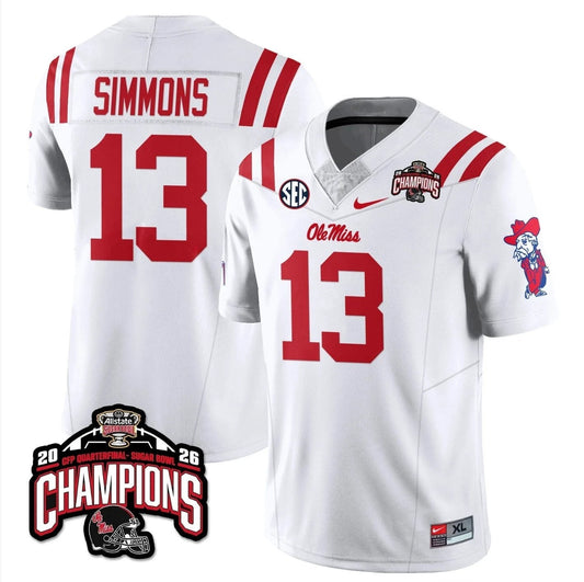 Austin Simmons Jersey #13 Ole Miss Sugar Bowl Champions Patch Stitched White by NCAA Football Jersey