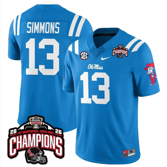 Austin Simmons Jersey #13 Ole Miss Sugar Bowl Champions Patch Stitched by My Store NCAA Football Jerseys