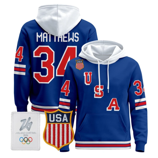 Auston Matthews #34 2026 USA Olympic Premium Hockey Pullover Hoodie Stitched by Hoodie Pullover