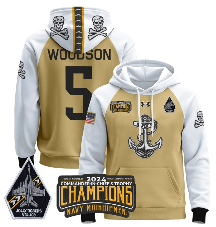 Braxton Woodson Hoodie #5 Navy Midshipmen Champions Patch Pullover Gold White by Hoodie Pullover