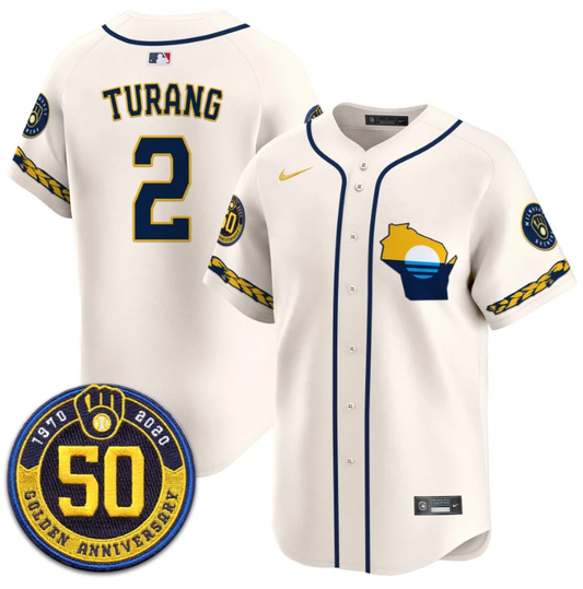 Brice Turang Jersey #2 Milwaukee Brewers Golden 50th Anniversary Patch Stitched Cream by My Store
