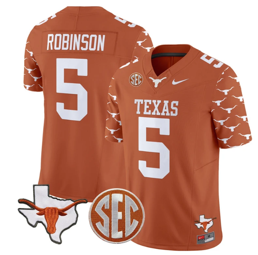 Bijan Robinson Jersey #5 Texas Longhorns State Map and Sec Patch Vapor Limited College Football Stitched Texas Orange by My Store