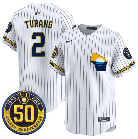 Brice Turang Jersey #2 Milwaukee Brewers Golden 50th Anniversary Patch Stitched Pinstripe by My Store