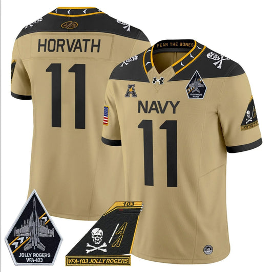 Blake Horvath Jersey #11 Navy Midshipmen 2024 Jolly Rogers Patch Gold by My Store