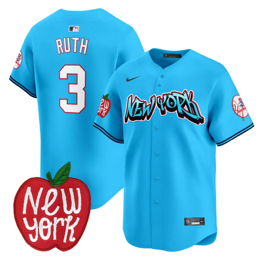 Babe Ruth Jersey #3 New York Yankees Apple Patch Vapor Premier Limited Stitched Light Blue by My Store