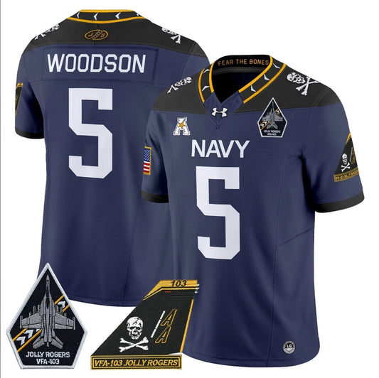 Braxton Woodson Jersey #5 Navy Midshipmen 2024 Jolly Rogers Patch Navy by My Store