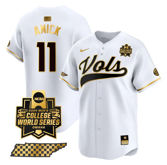 Billy Amick Jersey #11 Tennessee Volunteers 2024 College World Series Vapor Premier Limited NCAA Baseball Stitched White Gold by My Store