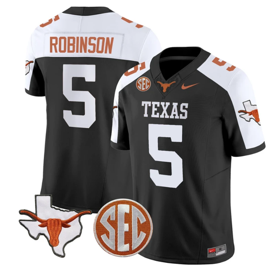 Bijan Robinson Jersey #5 Texas Longhorns State Map and Sec Patch Vapor Limited College Football Stitched Black Alternate by My Store