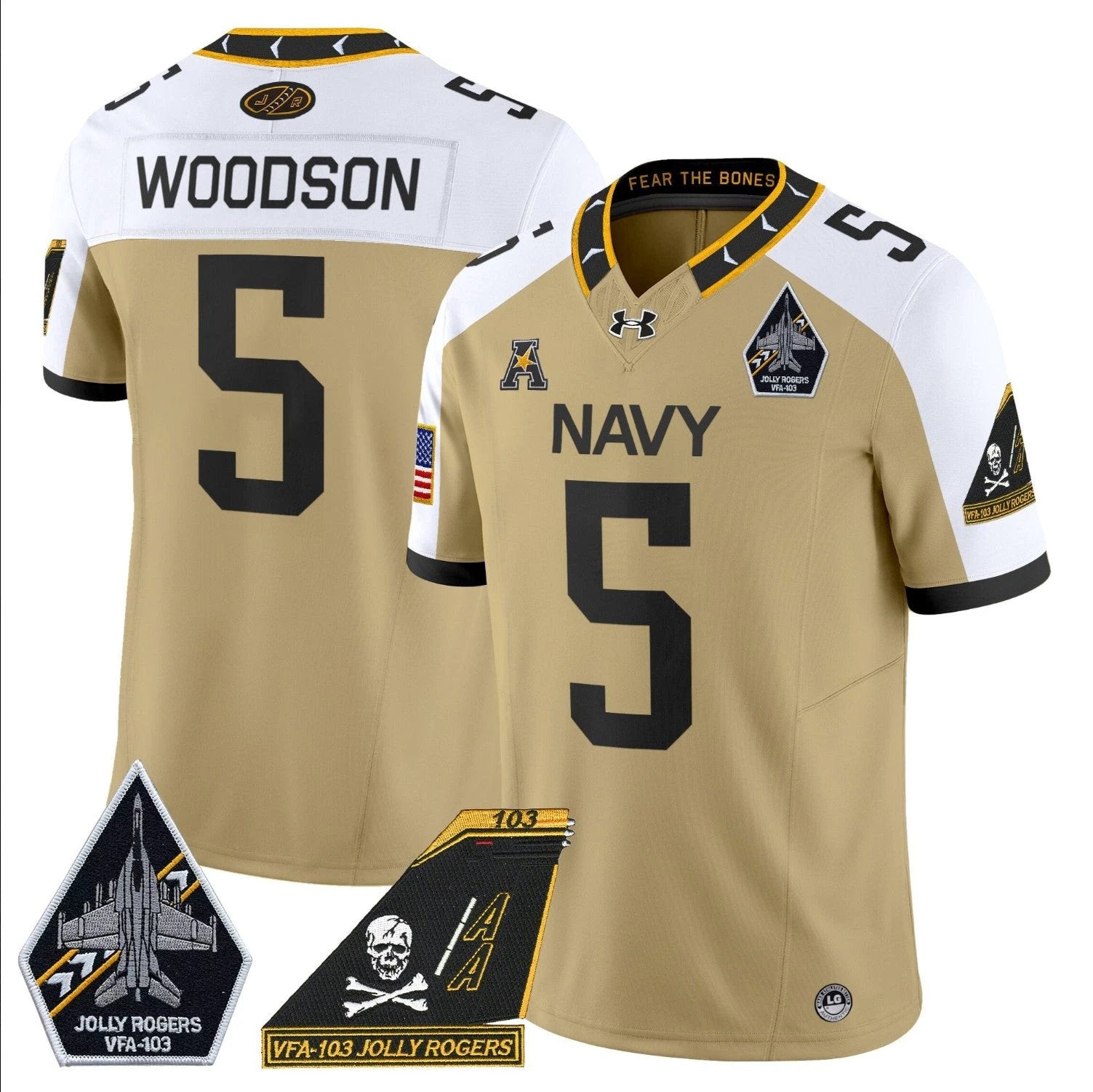 Braxton Woodson Jersey #5 Navy Midshipmen 2024 Jolly Rogers Patch Gold Alternate by My Store