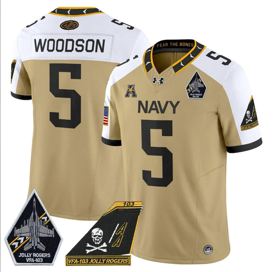 Braxton Woodson Jersey #5 Navy Midshipmen 2024 Jolly Rogers Patch Gold Alternate by My Store
