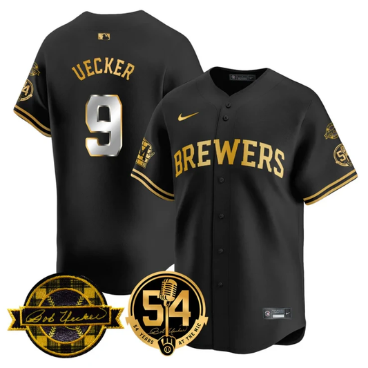 Bob Uecker Jersey #9 Milwaukee Brewers 2025 Bob Uecker, 54 Seasons for Brewers Stitched Black Gold by My Store