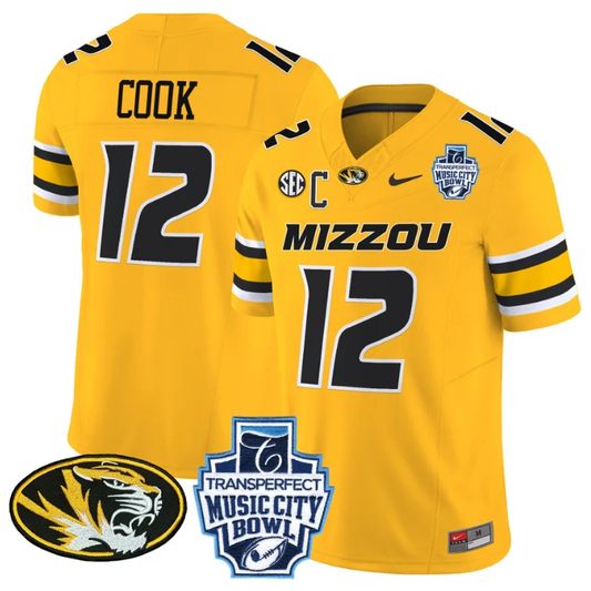 Brady Cook Jersey #12 Missouri Tigers 2024 Music City Bowl Gold by NCAA Football Jersey
