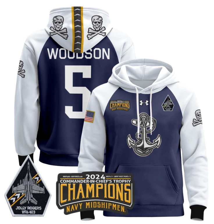 Braxton Woodson Hoodie #5 Navy Midshipmen Champions Patch Pullover Gold White by Hoodie Pullover