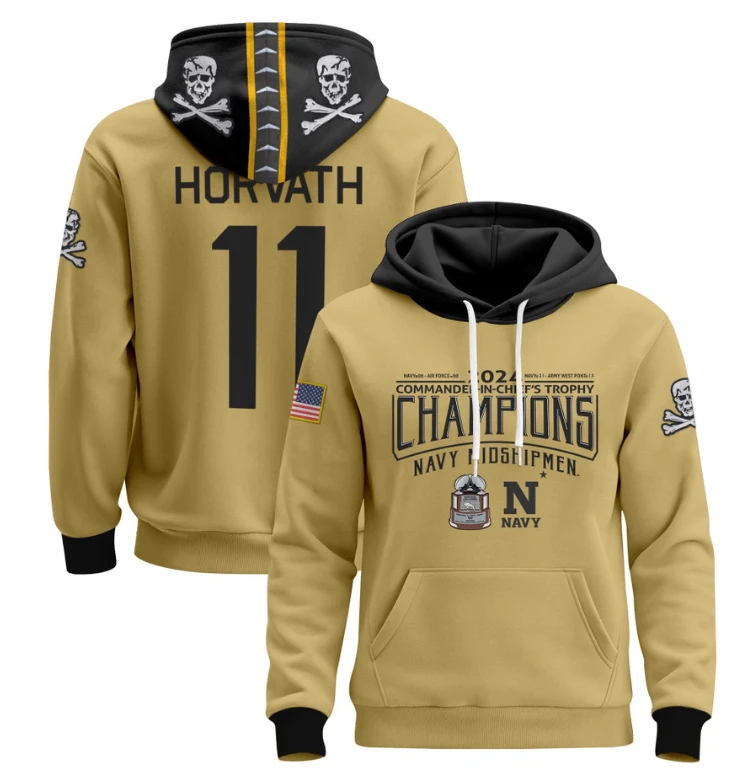 Blake Horvath Hoodie #11 Navy Midshipmen 2024 Trophy Champions Pullover Gold White by Hoodie Pullover