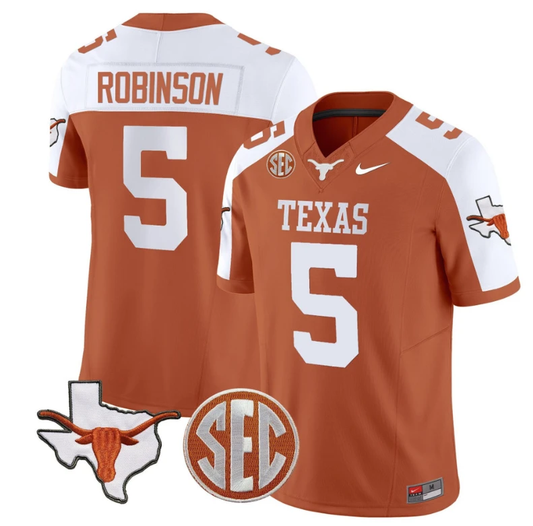 Bijan Robinson Jersey #5 Texas Longhorns State Map and Sec Patch Vapor Limited College Football Stitched Orange Alternate by My Store