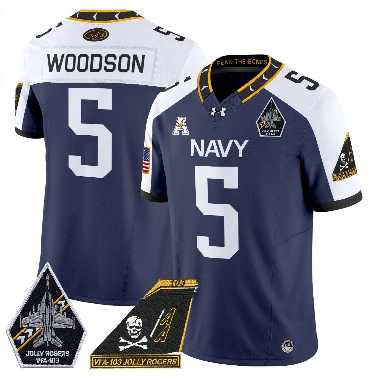 Braxton Woodson Jersey #5 Navy Midshipmen 2024 Jolly Rogers Patch Navy Alternate by My Store