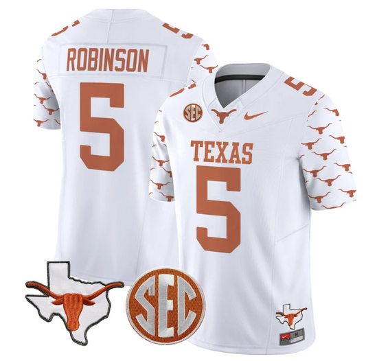 Bijan Robinson Jersey #5 Texas Longhorns State Map and Sec Patch Vapor Limited College Football Stitched White by My Store