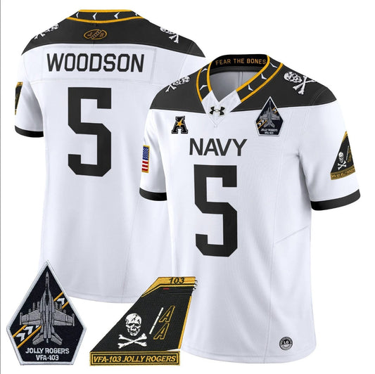 Braxton Woodson Jersey #5 Navy Midshipmen 2024 Jolly Rogers Patch White by My Store