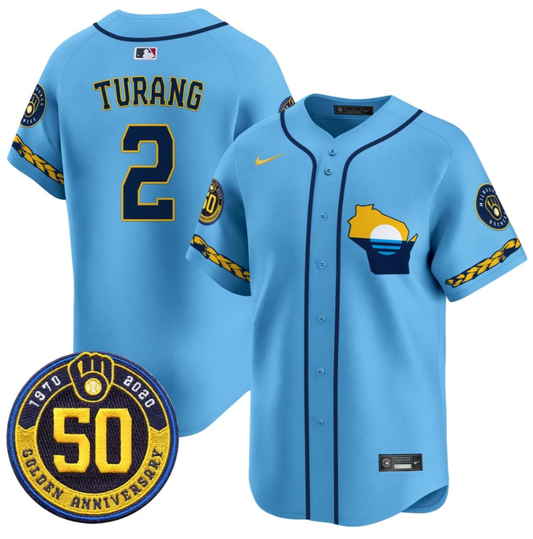 Brice Turang Jersey #2 Milwaukee Brewers Golden 50th Anniversary Patch Stitched Blue by My Store