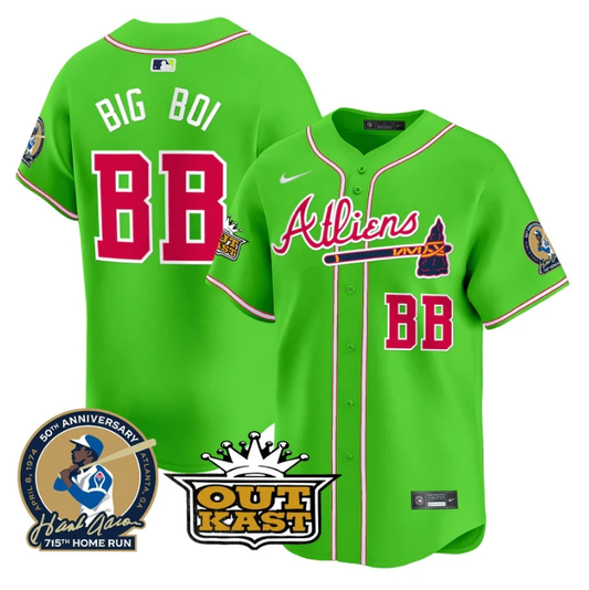 Big Boi Jersey #BB Atlanta Braves Atliens Hank Aaron Patch Limited Stitched White Gold by My Store