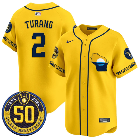 Brice Turang Jersey #2 Milwaukee Brewers Golden 50th Anniversary Patch Stitched Gold by My Store