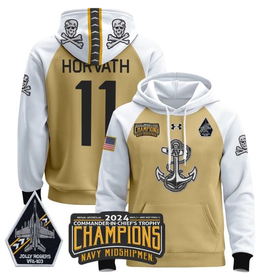 Blake Horvath Hoodie #11 Navy Midshipmen 2024 Trophy Champions Pullover Gold White by Hoodie Pullover
