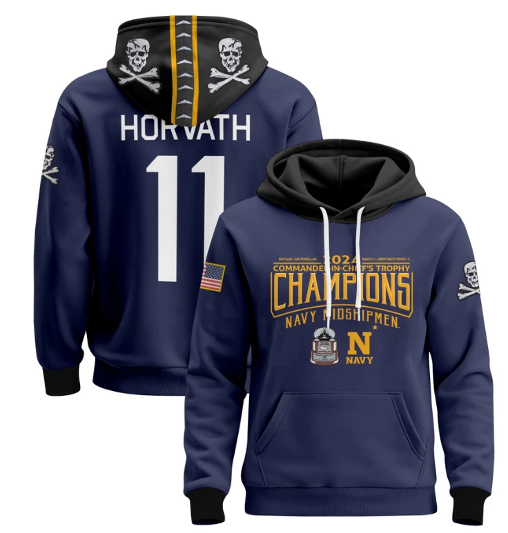 Blake Horvath Hoodie #11 Navy Midshipmen 2024 Trophy Champions Pullover Gold White by Hoodie Pullover
