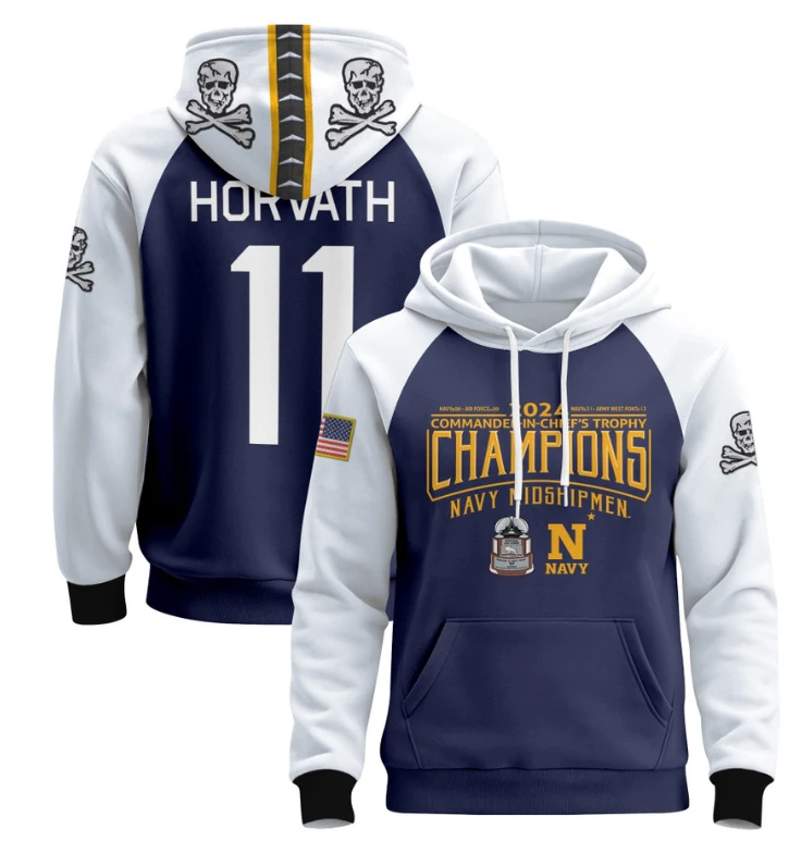 Blake Horvath Hoodie #11 Navy Midshipmen 2024 Trophy Champions Pullover Gold White by Hoodie Pullover