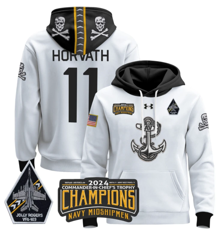 Blake Horvath Hoodie #11 Navy Midshipmen 2024 Trophy Champions Pullover Gold White by Hoodie Pullover
