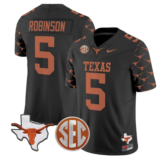 Bijan Robinson Jersey #5 Texas Longhorns State Map and Sec Patch Vapor Limited College Football Stitched Black by My Store