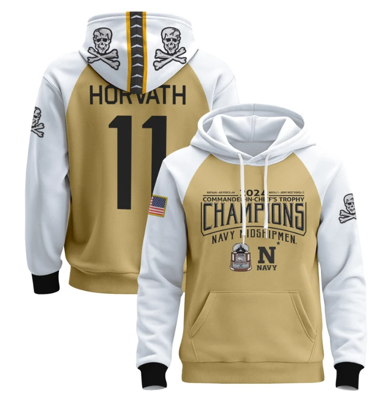 Blake Horvath Hoodie #11 Navy Midshipmen 2024 Trophy Champions Pullover Gold White by Hoodie Pullover