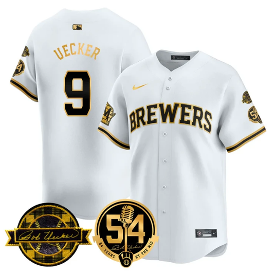 Bob Uecker Jersey #9 Milwaukee Brewers 2025 Bob Uecker, 54 Seasons for Brewers Stitched White Gold by My Store