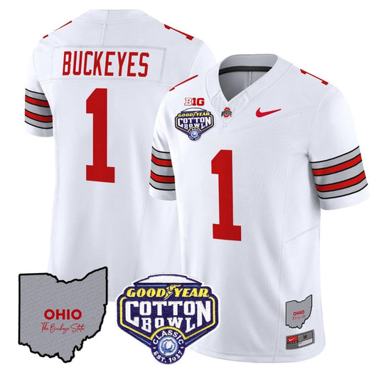 Buckeyes Jersey #1 Ohio State Buckeyes Cotton Bowl Patch Stitched White by NCAA Football Jersey