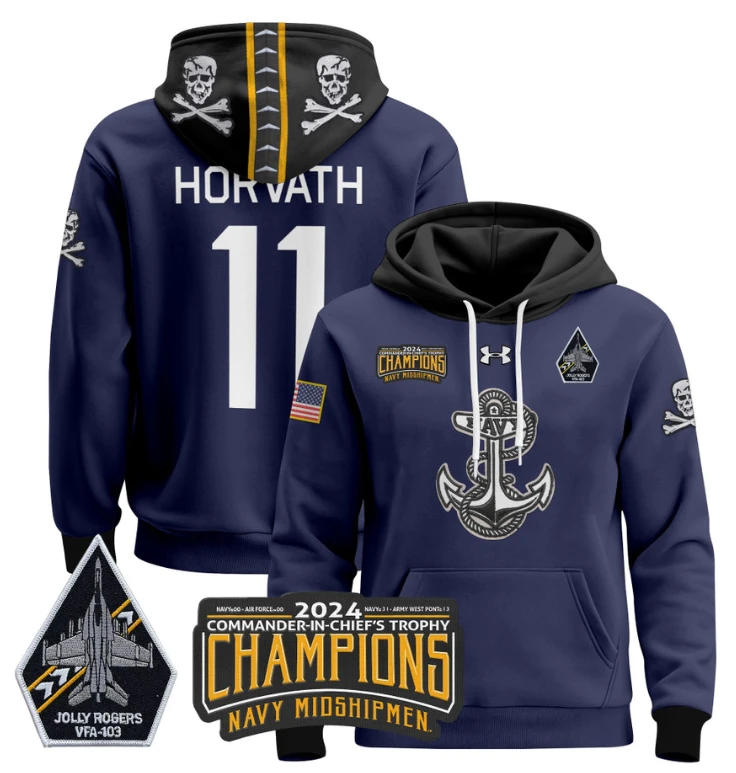 Blake Horvath Hoodie #11 Navy Midshipmen 2024 Trophy Champions Pullover Gold White by Hoodie Pullover