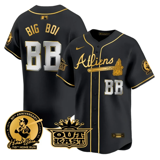 Big Boi Jersey #BB Atlanta Braves Atliens Hank Aaron Patch Limited Stitched Black Gold by My Store