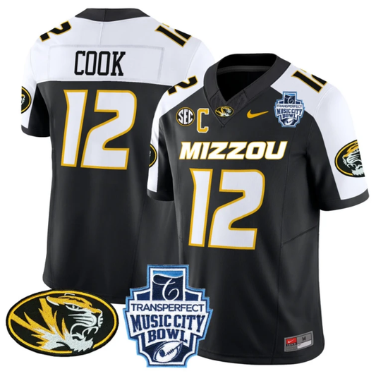 Brady Cook Jersey #12 Missouri Tigers 2024 Music City Bowl Black Alternate by NCAA Football Jersey