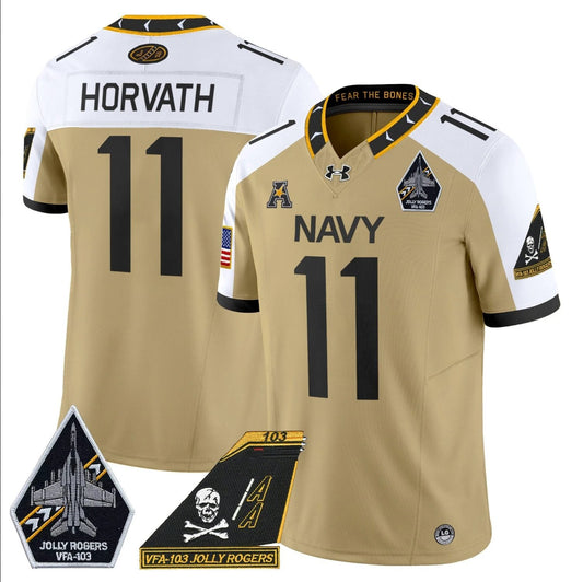Blake Horvath Jersey #11 Navy Midshipmen 2024 Jolly Rogers Patch Gold Alternate by My Store