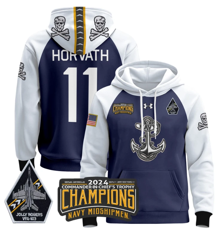 Blake Horvath Hoodie #11 Navy Midshipmen 2024 Trophy Champions Pullover Gold White by Hoodie Pullover