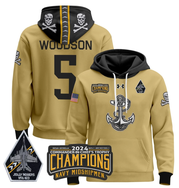 Braxton Woodson Hoodie #5 Navy Midshipmen Champions Patch Pullover Gold White by Hoodie Pullover