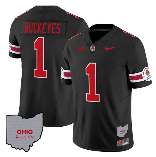 Buckeyes Jersey #1 Ohio State Rose Bowl Patch Football V3 Stitched Black by NCAA Football Jersey